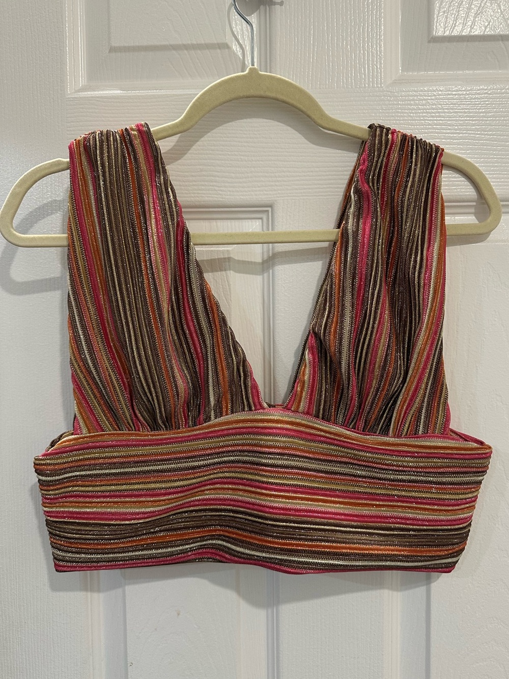 12th Tribe High Tide Striped V-Neck Cropped Plisse Camisole